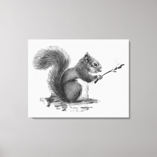 Watercolor Squirrel Toasting Marshmallow Animal  Canvastryck (Framsida)