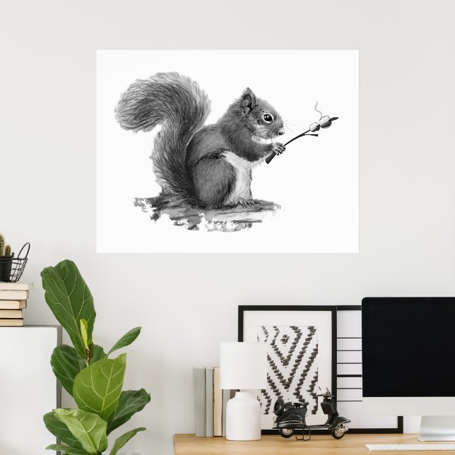 Watercolor Squirrel Toasting Marshmallow Animal  Poster (Hemmakontoret)