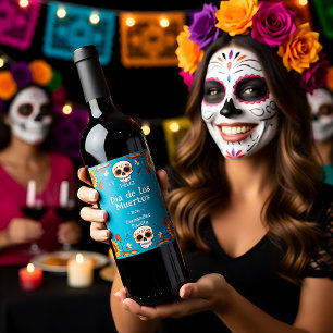 💀 🎉 Watercolor stil Día de Muertos Party Vinflaska Etikett