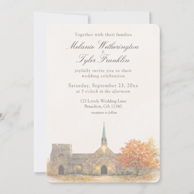 Watercolor Stone Chapel Fall Wedding Invitation Inbjudningar (Framsida)