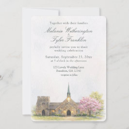 Watercolor Stone Chapel Spring Wedding Invitation Inbjudningar