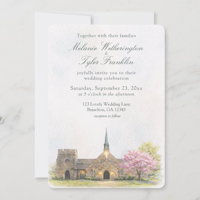 Watercolor Stone Chapel Spring Wedding Invitation Inbjudningar (Framsida)