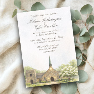 Watercolor Stone Chapel Summer Wedding Invitation Inbjudningar