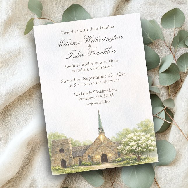 Watercolor Stone Chapel Summer Wedding Invitation Inbjudningar (Frost chapel summer wedding invite, watercolor stone chapel)