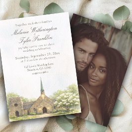 Watercolor Stone Chapel Wedding Photo Invitation Inbjudningar