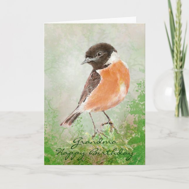 Watercolor Stonechat Bird Grattis på födelsedagen  Kort (Framsida)
