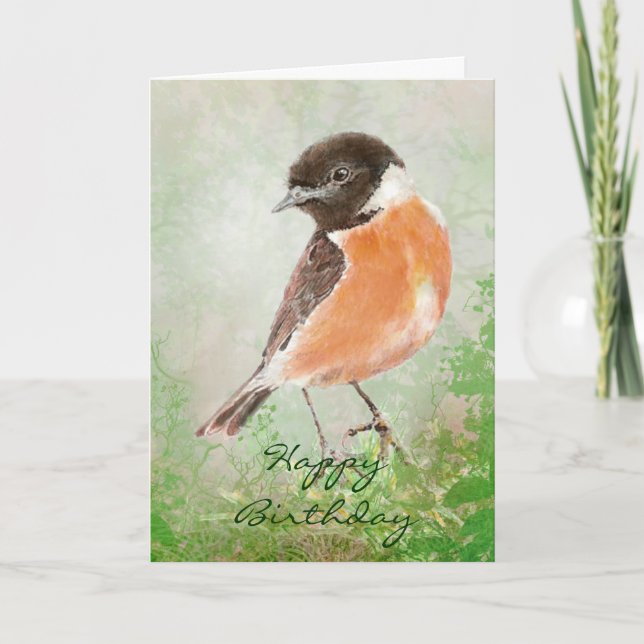 Watercolor Stonechat Grattis på födelsedagen, Bird Kort (Framsida)