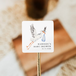 Watercolor Stork Blue Boy Baby Shower Fyrkantigt Klistermärke