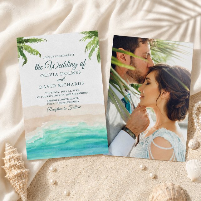 Watercolor Strand och Palmträd Foto Bröllop Inbjudningar (Watercolor Beach and Palm Trees Photo Wedding Invitation)