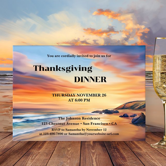 Watercolor Strand Thanksgiving Middag Party  Inbjudningar (Watercolor Thanksgiving dinner party invitation featuring a sunset on the beach)