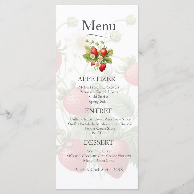 Watercolor Strawbär Bröllop Menu Meny (Framsida)