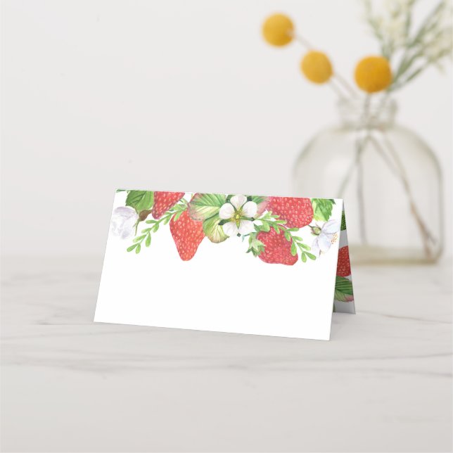 Watercolor Strawbär Garland Botaniska sommaren Placeringskort (Framsida)