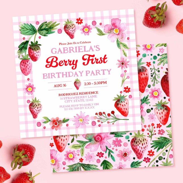 Watercolor Strawbär Girl 1:a födelsedagen Inbjudningar (Watercolor Strawberries Girl 1st Birthday Invitation)