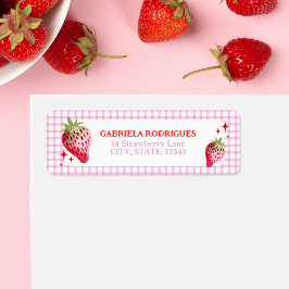 Watercolor Strawberry and Rosa Gingham Checks Returadress Etikett