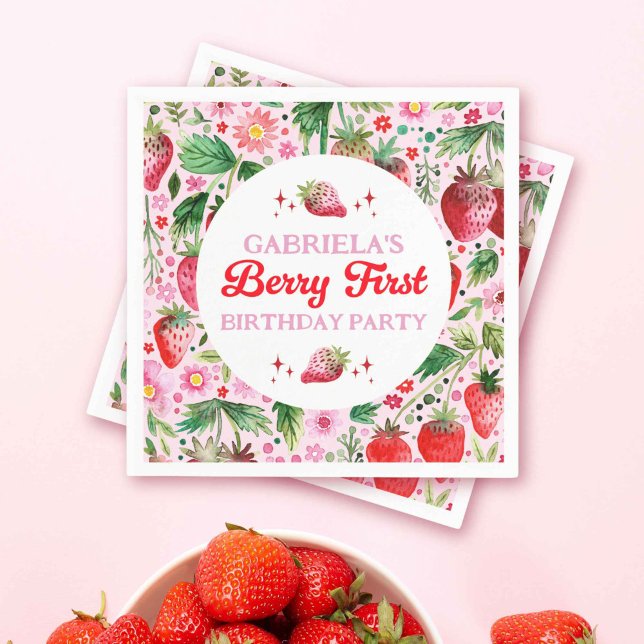 Watercolor Strawberry Berry 1st Birthday Girls Pappersservett (Watercolor Strawberry Berry 1st Birthday Girls Napkins)