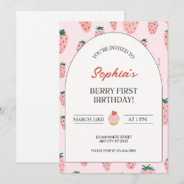 Watercolor Strawberry Berry Första födelsedag Inbjudningar