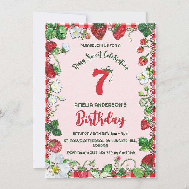 Watercolor Strawberry Berry Sweet Birthday Inbjudningar (Framsida)