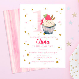 Watercolor Strawberry Cuppie 1:a födelsedagsinbjud Inbjudningar