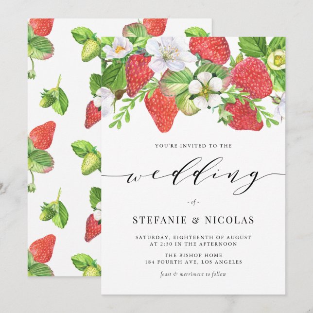 Watercolor Strawberry Garland Botanical Bröllop Inbjudningar (Fram/baksida)