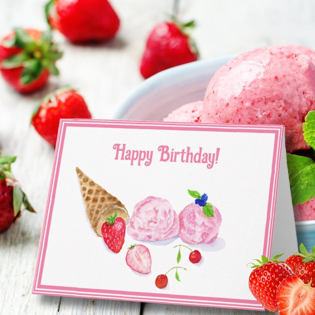 Watercolor Strawberry Ice Cream Cherries Birthday Kort (A hand painted watercolor of a strawberry ice cream with strawberries as a birthday card.)