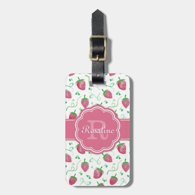 Watercolor Strawberry Mönster med Monogram Bagagebricka (Vertikal Framsida)