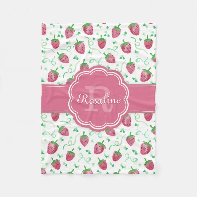 Watercolor Strawberry Mönster med Monogram Fleecefilt (Framsidan)