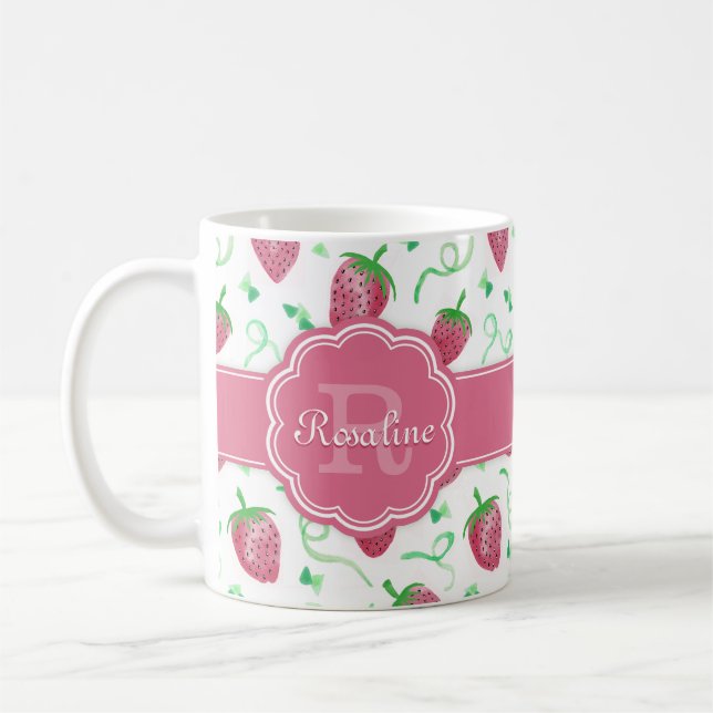 Watercolor Strawberry Mönster med Monogram Kaffemugg (Vänster)