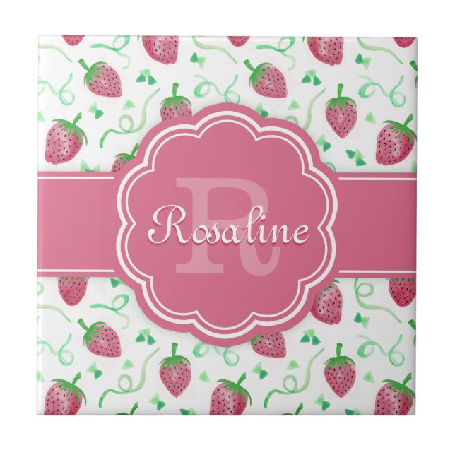 Watercolor Strawberry Mönster med Monogram Kakelplatta (Framsidan)