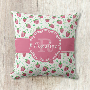 Watercolor Strawberry Mönster med Monogram Kudde