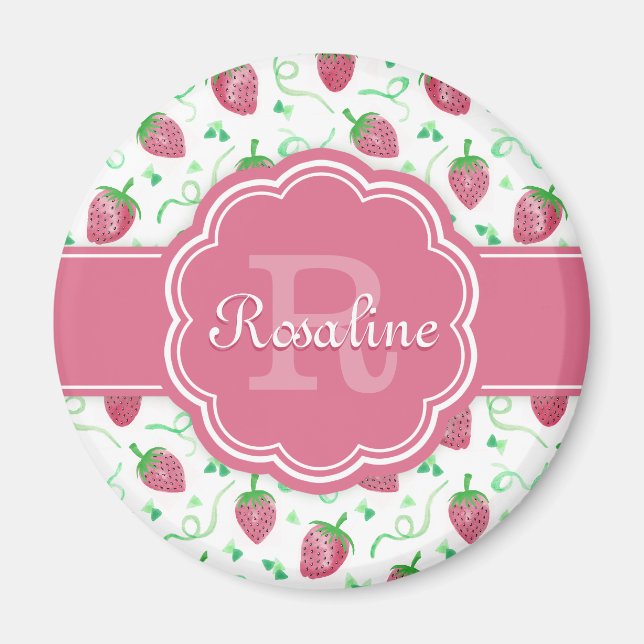 Watercolor Strawberry Mönster med Monogram Magnet (Framsidan)