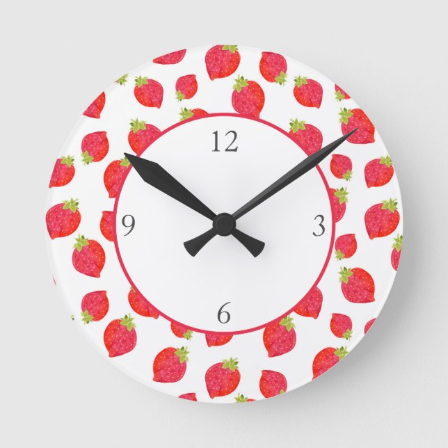 Watercolor Strawberry Mönster Rund Klocka (Framsida)