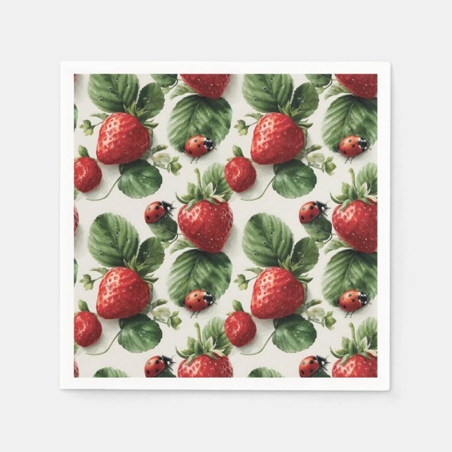 Watercolor Strawberry och Ladybug Seamless Mönster Pappersservett (Framsidan)