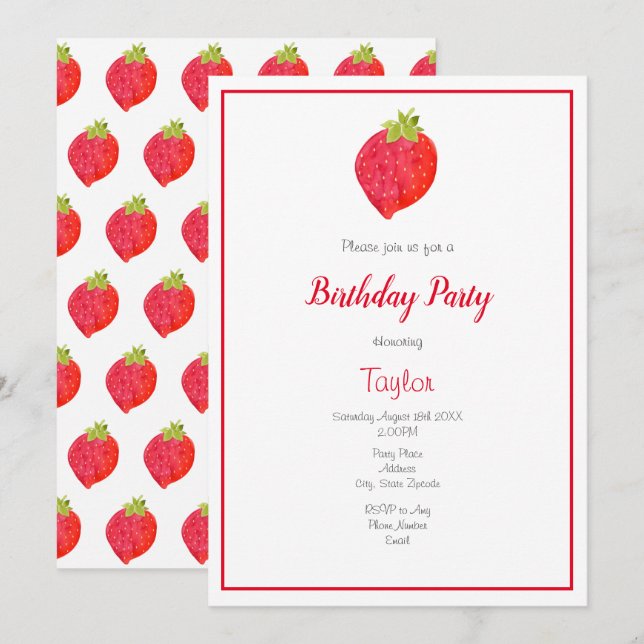 Watercolor Strawberry och Mönster Inbjudningar (Fram/baksida)