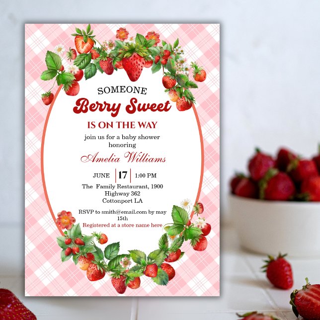 Watercolor Strawberry Rosa Gingham Berry Sweet Inbjudningar (Skapare uppladdad)