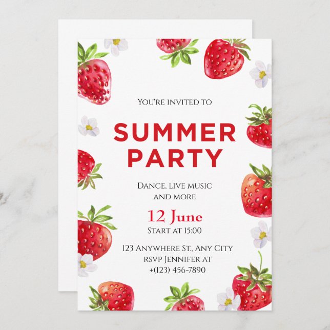 Watercolor Strawberry, sommartid Party Inbjudningar (Fram/baksida)
