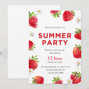 Watercolor Strawberry, sommartid Party Inbjudningar