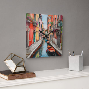 Watercolor Street i Venedig Fyrkantig Klocka