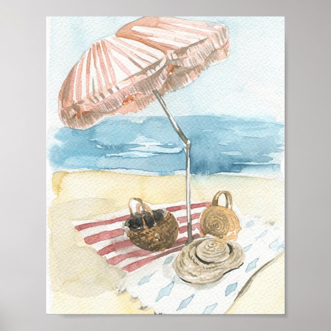 Watercolor Striped Beach Umbrella Poster (Framsidan)