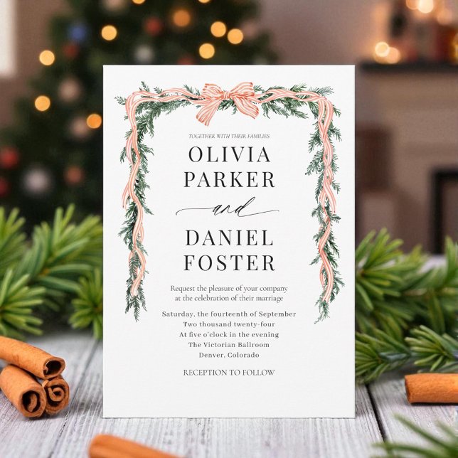 Watercolor Striped Red Bow Christmas Greenery Inbjudningar (Skapare uppladdad)