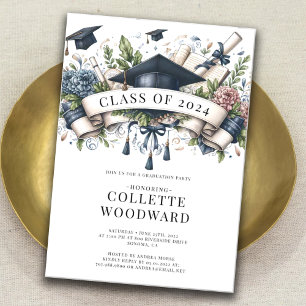 Watercolor Studenten Blommigt Banner Grad Party Inbjudningar
