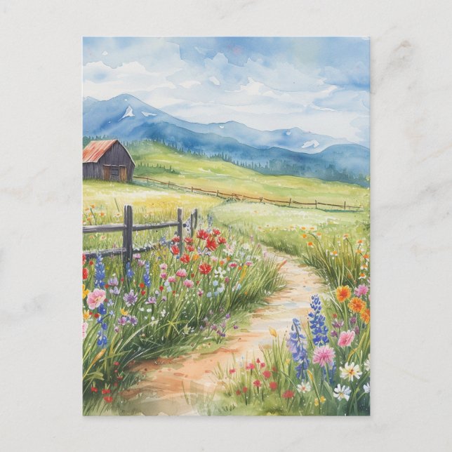 Watercolor Style Spring Meadow with Flowers Vykort (Framsida)