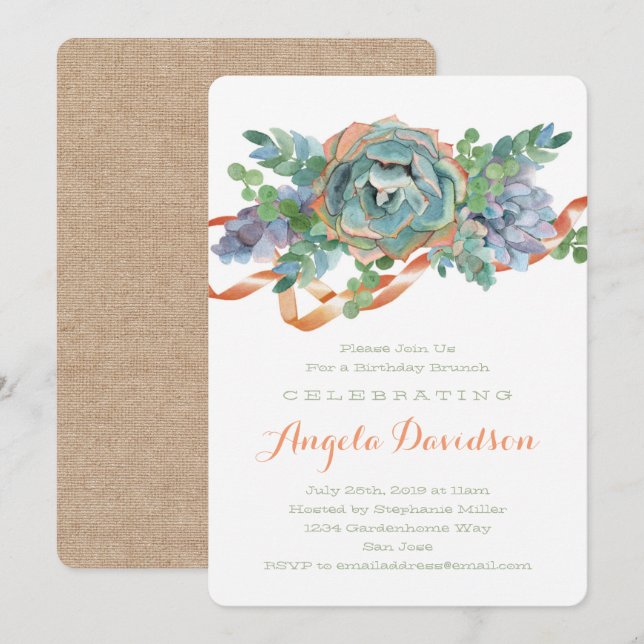 Watercolor Succulent Birthday Brunch Party Inbjudningar (Fram/baksida)