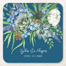 Watercolor Succulent Blommigt Bouquet Boho Bröllop Underlägg Papper Kvadrat