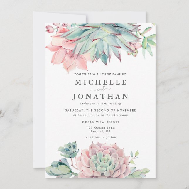 Watercolor Succulent Coastal Wedding Invitation Inbjudningar (Framsida)
