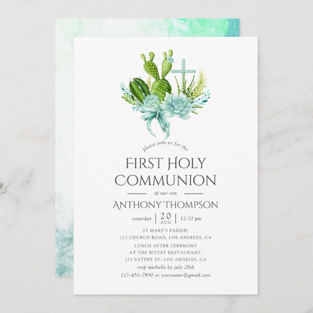 Watercolor Succulents Boy First Heliga Communion Inbjudningar (Fram/baksida)