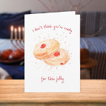 Watercolor Sufganiyot Jelly Donut Funny Hanukkah Helgkort<br><div class="desc">Tittar du ett Hanukkah-kort som är lika unikt som firande? Denna lekande smak är en fest för ögon och för andan! Med handmålade vattenfärgade gelégodisslare och den femtima frasen "Jag tänkor inte att du är redo för den här geléen" är det perfekten blandning av humor och charm. Den prickade bakgrunden...</div>