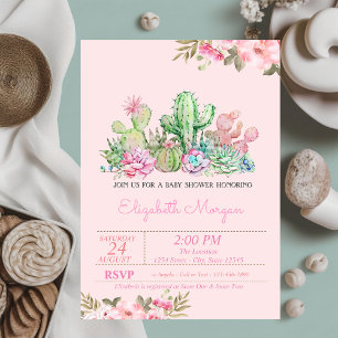 Watercolor Sukkulent, Blommig Baby Shower  Inbjudningar