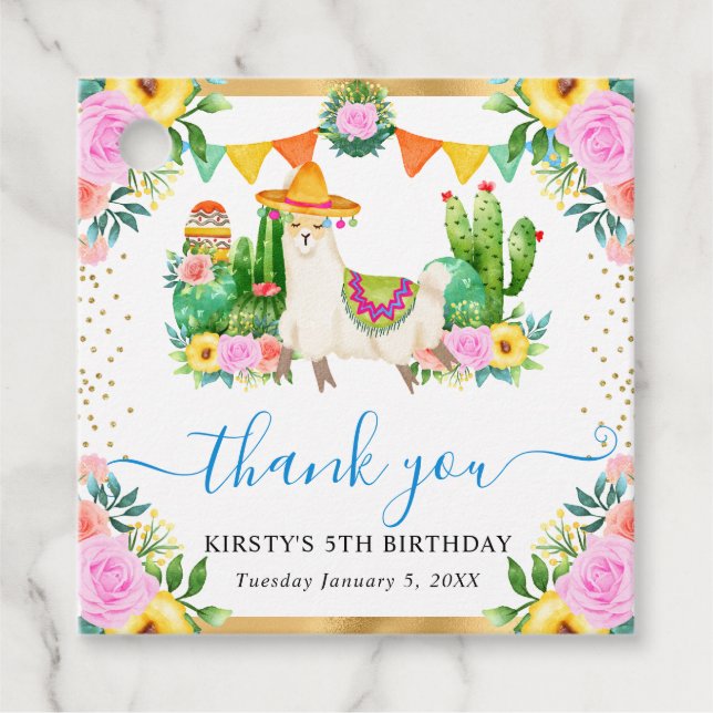Watercolor Summer Blommigt Llama Birthday Gåvor Etiketter (Framsida)