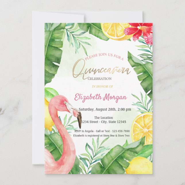 Watercolor Summer Flamingo Quinceanera Inbjudningar (Framsida)