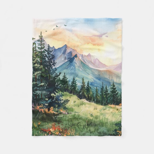 Watercolor Summer Mountain Fleecefilt (Framsidan)